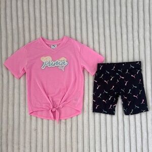 Puma Girls Tie-Front T-Shirt & Logo  Biker Shorts Set Size 6X Like New